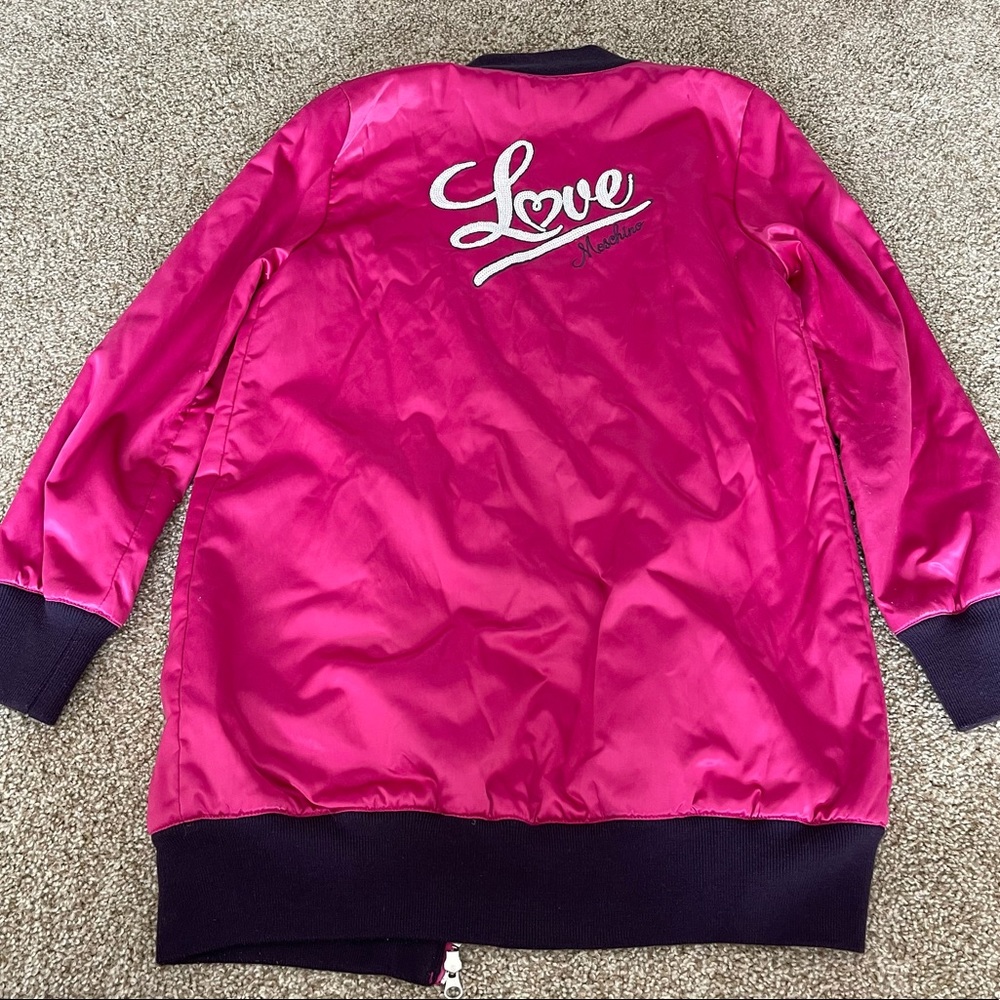 LOVE MOSCHINO Long Bomber Jacket Size 4 Pink Satin